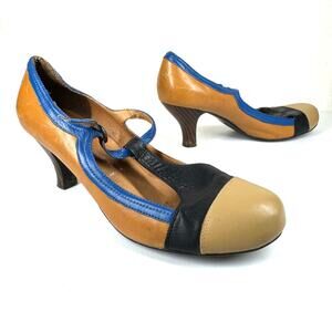 JEFFREY CAMPBELL Retro T-strap Heels Women's Size 11 Leather Blue Brown Coquette